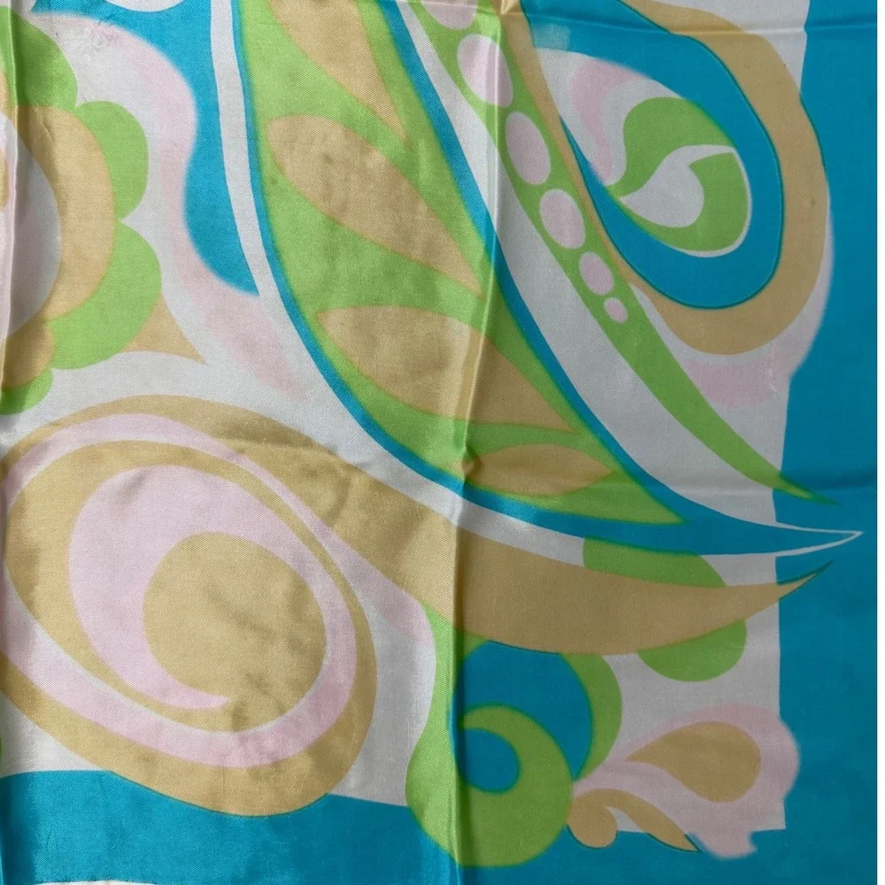 Vintage Psychedelic Floral Paisley Square Scarf Blue Green Mid‎ Century Chic